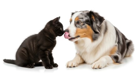 Obraz premium A black kitten sits facing a dog who licks its nose Both animals are on a white background