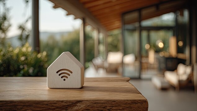 Wooden wifi house icon on a patio table