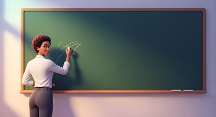A Black teacher in a white blouse is drawing on a large chalkboard in a classroom, presenting education and learning concepts with a friendly expression.