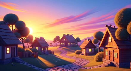 Idyllic village landscape at sunset with charming houses and a winding cobblestone path, capturing the essence of peace, tranquility, and a fairy-tale atmosphere, ideal for travel inspiration.