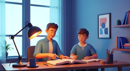 Two young boys diligently studying together at a desk under a warm lamp, surrounded by books and learning materials.