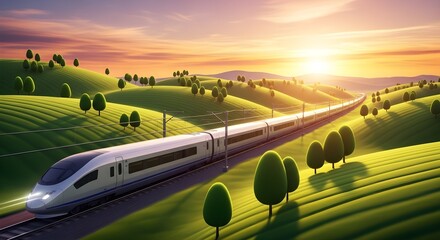 High-speed train speeding through rolling green hills at sunset, symbolizing modern transportation, travel, and eco-friendly technology against a vibrant, picturesque backdrop.