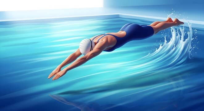 Dynamic female swimmer executing a powerful dive in a pristine indoor pool, capturing the essence of competitive swimming and athleticism.