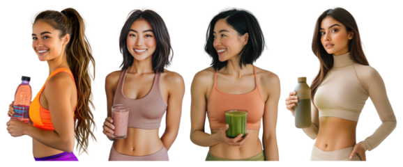 PNG Portrait of british half indian woman wearing a beige yoga pants with a long-sleeved top co-ord bottle photo green, transparent background