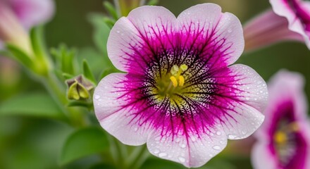 A detailed closeup of a pink and purple petunia flower with a yellow center Water droplets are visible on the petals