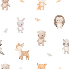 Seamless pattern with cute bird, bear and bunny, watercolor hand drawn background for kids, newborn, nursery