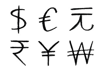 Hand drawn multiple currencies symbol set Dollar euro yuan yen won rupee