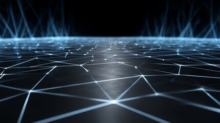 Obraz premium Abstract interconnected network, visualization of lines, dots, and dark background in digital art.