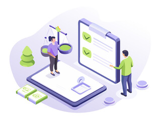 Business people reviewing a checklist on a large tablet screen with scales of justice and money stacks