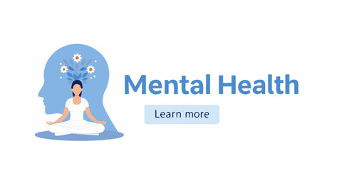 Woman meditating inside a silhouette of a head with blooming flowers representing mental wellness and self care