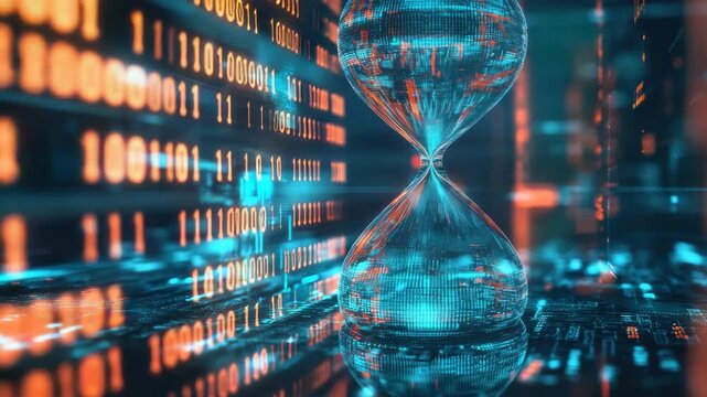 Digital hourglass with binary code, representing time and technology