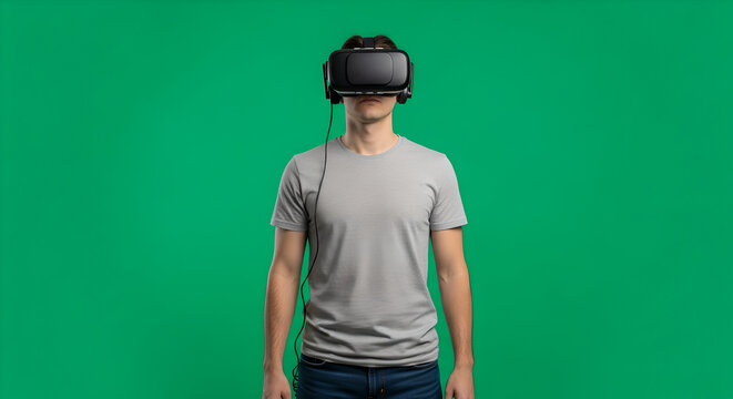 Man Wearing VR Headset Experiencing Virtual Reality on a Green Screen Background  - Powered by Adobe