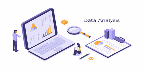 Isometric illustration of data analysis with people charts and laptop