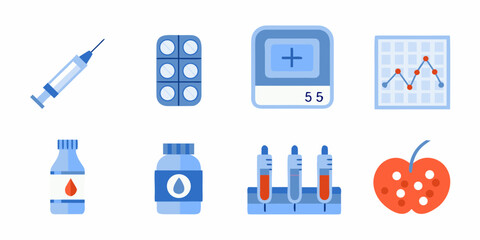 Collection of medical icons representing healthcare and diabetes management with a syringe blood test glucose meter and healthy food