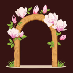 Wooden arch with elegant magnolia blossoms, a romantic and peaceful garden entrance at night