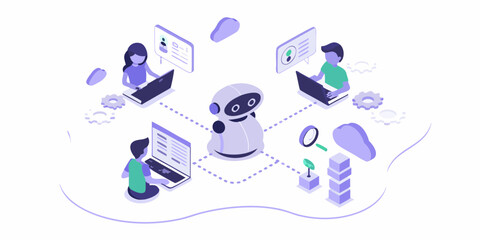Isometric illustration of people collaborating with a robot and technology for digital transformation and automation