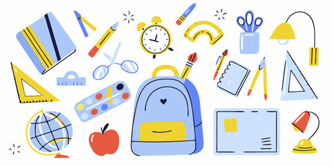 Collection of colorful hand drawn school supplies and stationery items arranged in a playful pattern