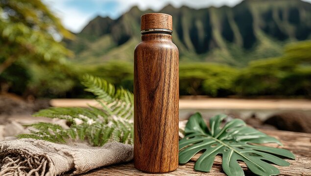 Wooden water bottle on a natural background