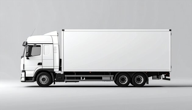 Box truck advertising mockup with white panel, isolated on plain background, template for branding, logistics, and commercial design.