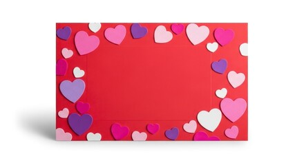 A red rectangle with a frame of hearts in various sizes and colors