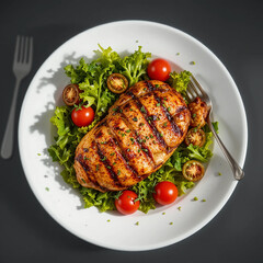 Grilled chicken breast with fresh salad and cherry tomatoes silhouette