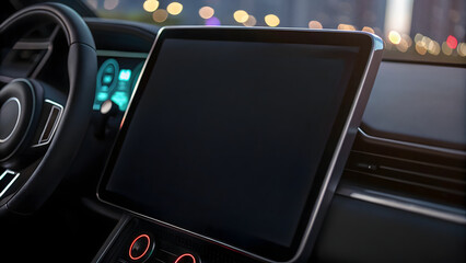 A close-up of futuristic monitor in EV car with a modern car light
