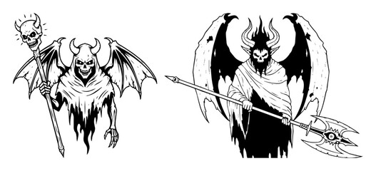 demonic wraith reaper warriors with wings line art vector © Aisha Kudorova