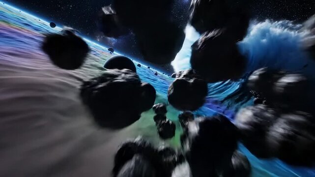 Explore a breathtaking universe where colorful waves crash against a celestial horizon, dotted with asteroids and planets. This stunning realm captivates the imagination and evokes wonder.