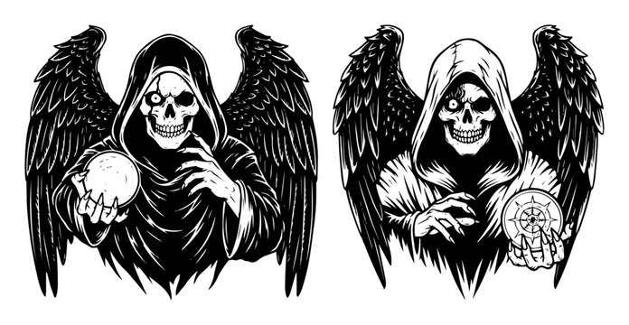 grim reaper angel of death with wings line art vector
