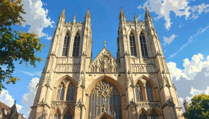 Fototapeta premium A detailed, light-filled view of a magnificent cathedral, showcasing intricate Gothic architecture against a dramatic sky filled with fluffy clouds.