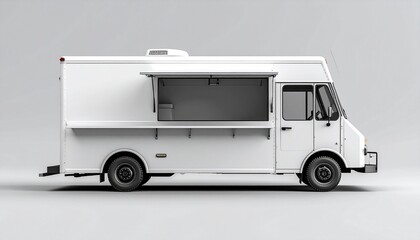 Food truck side view mockup with plain white body, isolated on background, template for street food branding