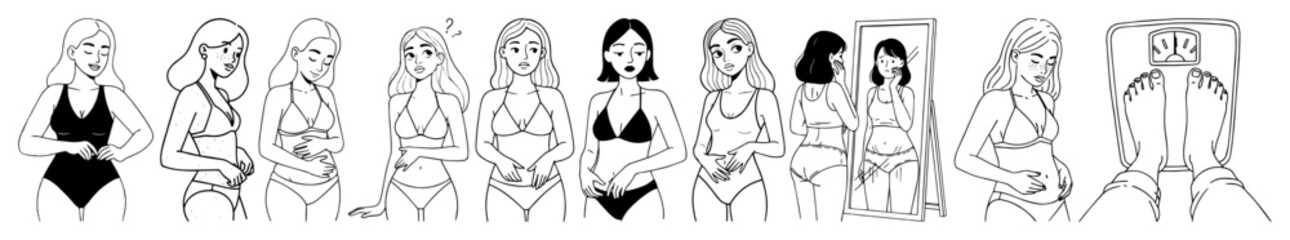 female body size chart diverse figure set vector illustration
