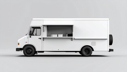 Food truck side view mockup with plain white body, isolated on background, template for street food branding