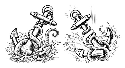 octopus tentacle wrapped anchor tattoo vector illustration © Aisha Kudorova