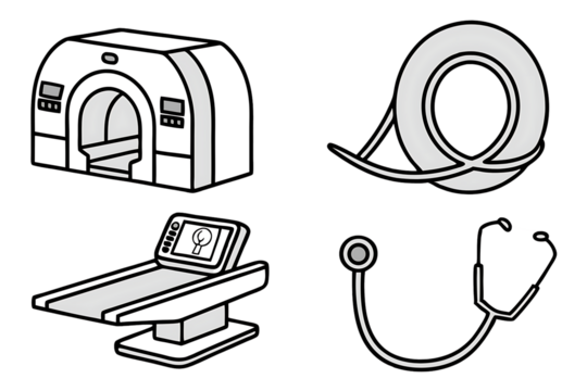 Medical imaging equipment icons isolated on transparent background, including mri, ct scan, and stethoscope