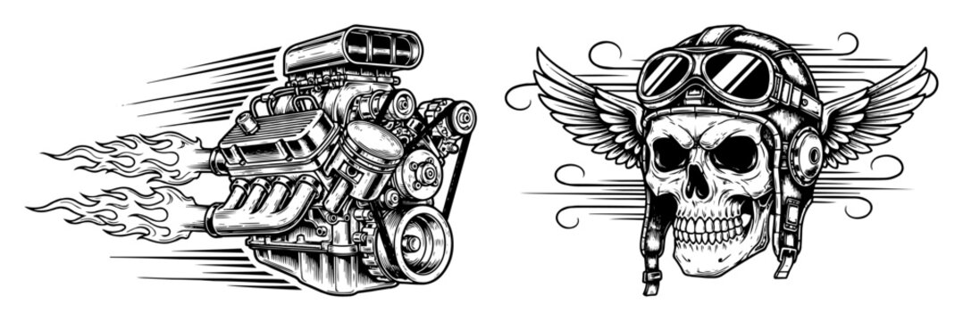 vector flaming v8 engine and aviator skull icons