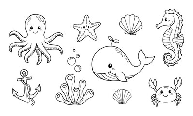 Naklejka premium cute sea animals and nautical elements doodle line art vector