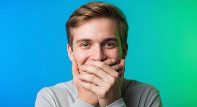 A smiling man covers his mouth with his hands against a blue and green background