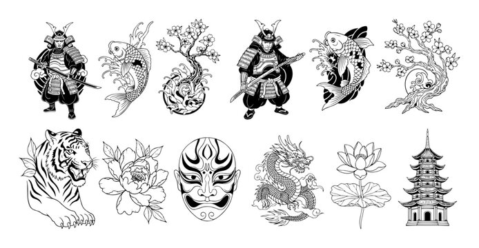 japanese tattoo elements set samurai koi dragon tiger vector