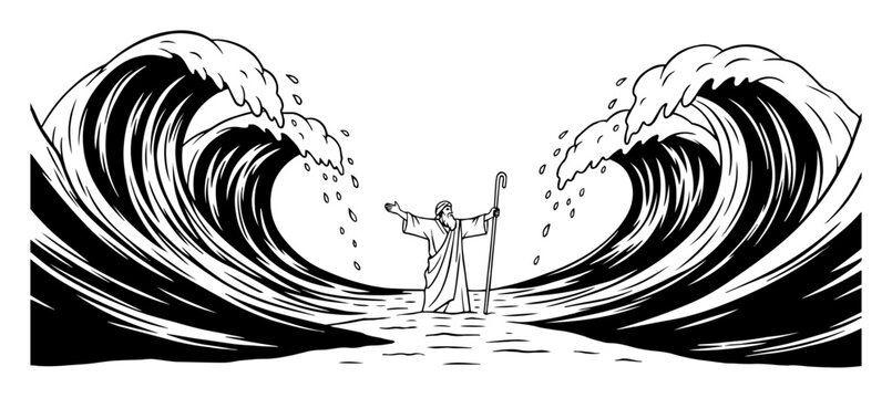 moses parting the red sea biblical miracle illustration