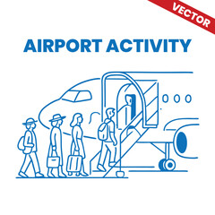 People Waiting in Line to Enter Airplane at Airport Outline Graphic Illustration airport activity
