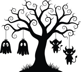 Spooky Halloween Tree Silhouette with Hanging Ghosts illustration