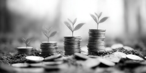 Money growing concept: plants sprouting from coins, symbolizing financial success and growth.