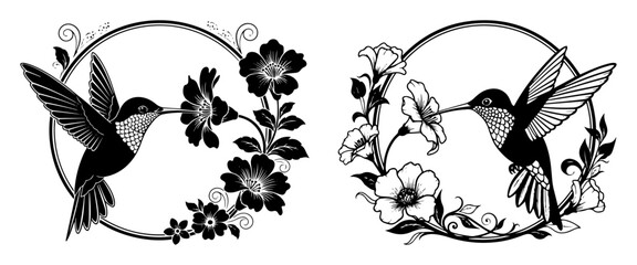 Naklejka premium hummingbird with flowers in circle frame vector set