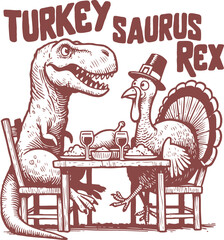 Turkeysaurus Rex – Funny Thanksgiving Illustration Featuring a T-Rex and a Turkey Sharing Dinner Together, Hilarious Holiday Design for Autumn Apparel and Gifts © SASINA N.