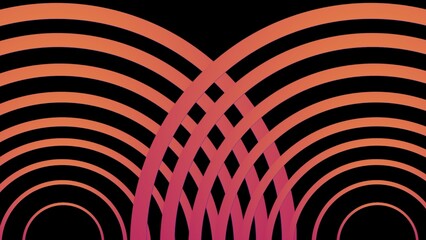 Intertwining arcs of orange and pink concentric rings rise symmetrically against a black background, forming a mesmerizing abstract pattern full of depth and motion