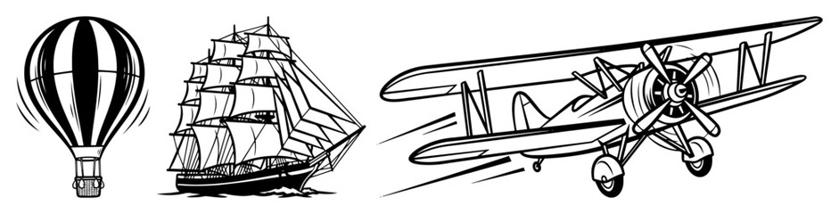 vector vintage transport icons hot air balloon sailing ship biplane © Aisha Kudorova