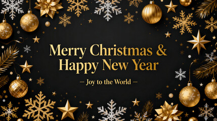 ‌Elegant Christmas & New Year Banner with Gold Ornaments on Black