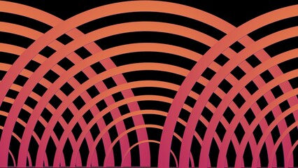 A vibrant abstract design of layered arcs in orange-to-pink gradients on black, forming overlapping...