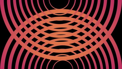 A mesmerizing pattern of curved lines in vibrant gradients of orange and pink, overlapping in symmetry to form an abstract, eye-shaped design against a deep black background.